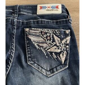 Grace In LA Big Star Size 27 Boot Cut Jeans Mid Rise Embroidered Pocket Raw Hem